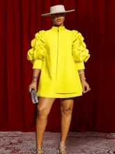 Load image into Gallery viewer, High Neck Mini Dress with Puff Sleeves - Available in Yellow, Pink or Purple in UK Sizes 10-24