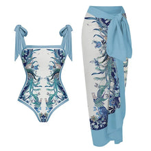Load image into Gallery viewer, Two Piece Swimming Costume and Sarong Set - Orange Floral
