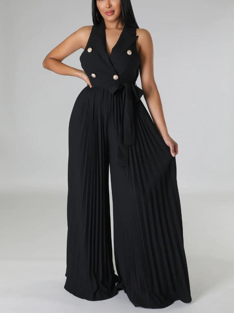 V-Neck Jumpsuit with Pleated Wide Leg  - Various Colours Available in Sizes S - XL