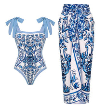 Load image into Gallery viewer, Two Piece Swimming Costume and Sarong Set - Orange Floral