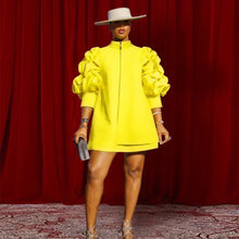 Load image into Gallery viewer, High Neck Mini Dress with Puff Sleeves - Available in Yellow, Pink or Purple in UK Sizes 10-24