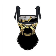 Load image into Gallery viewer, Two Piece Swimming Costume and Sarong Set - Gold and Black