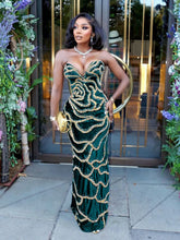 Load image into Gallery viewer, V-Neck Strapless Evening Dress with Gold Sequin Detail - Available in 3 Colours in UK Sizes 8 - 16