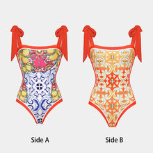 Load image into Gallery viewer, Two Piece Swimming Costume and Skirt Set - White and Blue Floral