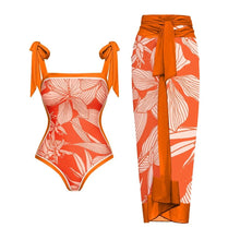 Load image into Gallery viewer, Two Piece Swimming Costume and Sarong Set - Orange Floral
