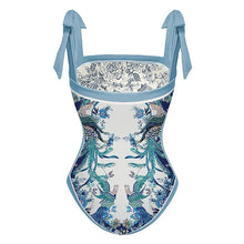 Load image into Gallery viewer, Two Piece Swimming Costume and Skirt Set - White and Blue Floral