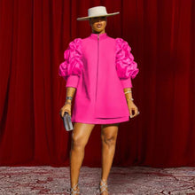 Load image into Gallery viewer, High Neck Mini Dress with Puff Sleeves - Available in Yellow, Pink or Purple in UK Sizes 10-24