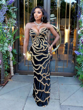 Load image into Gallery viewer, V-Neck Strapless Evening Dress with Gold Sequin Detail - Available in 3 Colours in UK Sizes 8 - 16
