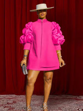 Load image into Gallery viewer, High Neck Mini Dress with Puff Sleeves - Available in Yellow, Pink or Purple in UK Sizes 10-24