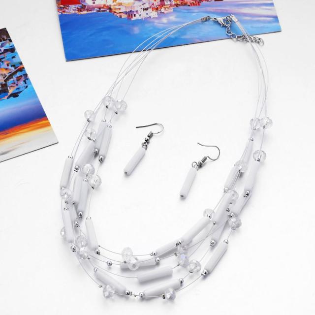 Beaded Layered Necklace and Matching Drop Earrings - White