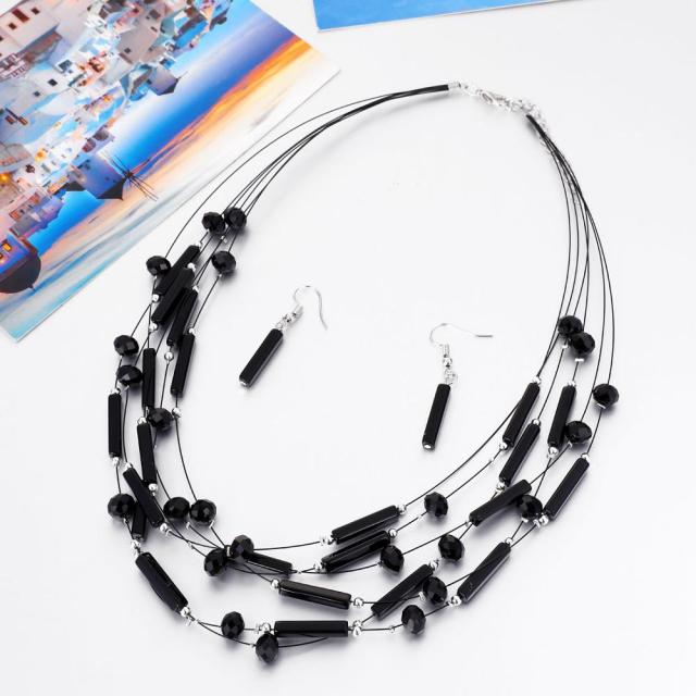 Beaded Layered Necklace and Matching Drop Earrings - Black