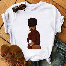 Load image into Gallery viewer, Melanin Poppin White Logo T-shirt - Mysterious Woman Design
