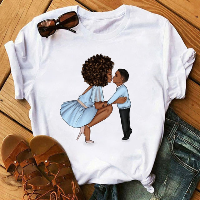Melanin Poppin White Logo T-shirt - Mother and Son in Blue Design