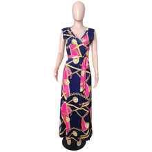 Load image into Gallery viewer, Pink and Gold V-neck Full Length Maxi Dress with Belt - Available in Sizes S -3XL
