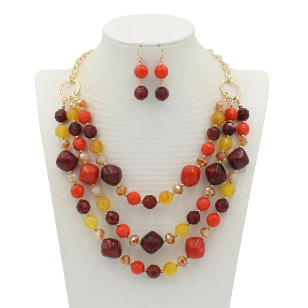 Multi-layered Beaded Necklace and Earrings Set - Available in Jade, Red, Black, Purple, Blue