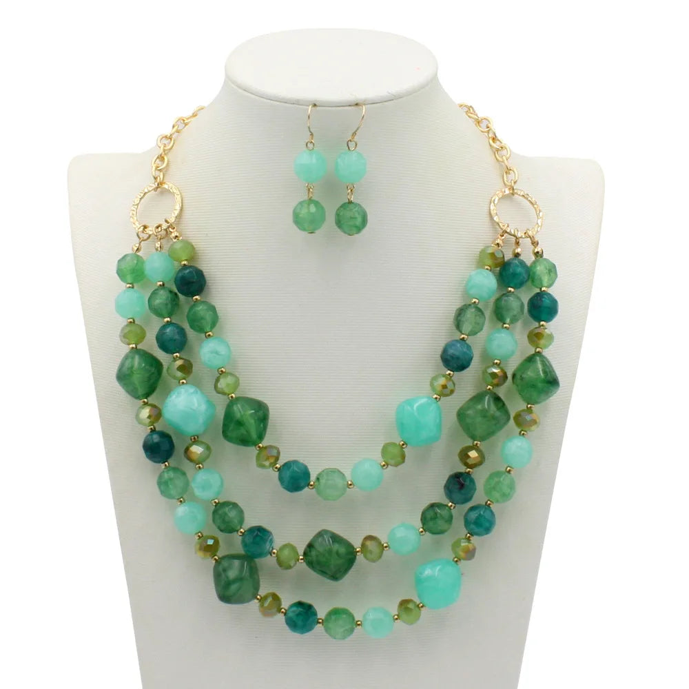 Multi-layered Beaded Necklace and Earrings Set - Available in Jade, Red, Black, Purple, Blue