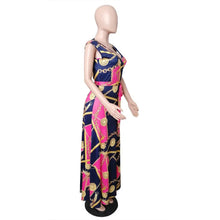 Load image into Gallery viewer, Pink and Gold V-neck Full Length Maxi Dress with Belt - Available in Sizes S -3XL

