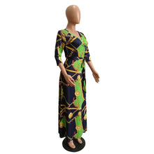 Load image into Gallery viewer, Green and Gold V-neck Full Length Maxi Dress with Belt - Available in Sizes S -3XL
