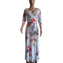 Load image into Gallery viewer, White Floral V-neck Full Length Maxi Dress with Belt - Available in Sizes S -3XL
