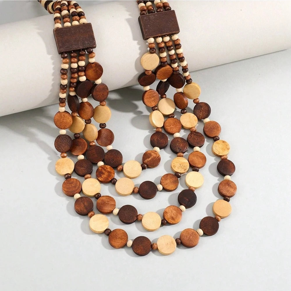 Earth Tones Multi-Layered Wooden Beaded Necklace