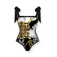 Load image into Gallery viewer, Two Piece Swimming Costume and Sarong Set - Gold and Black
