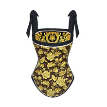 Load image into Gallery viewer, Two Piece Swimming Costume and Sarong Set - Gold and Black
