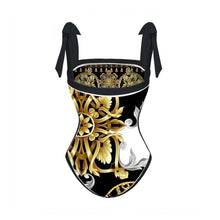 Load image into Gallery viewer, Two Piece Swimming Costume and Sarong Set - Gold and Black
