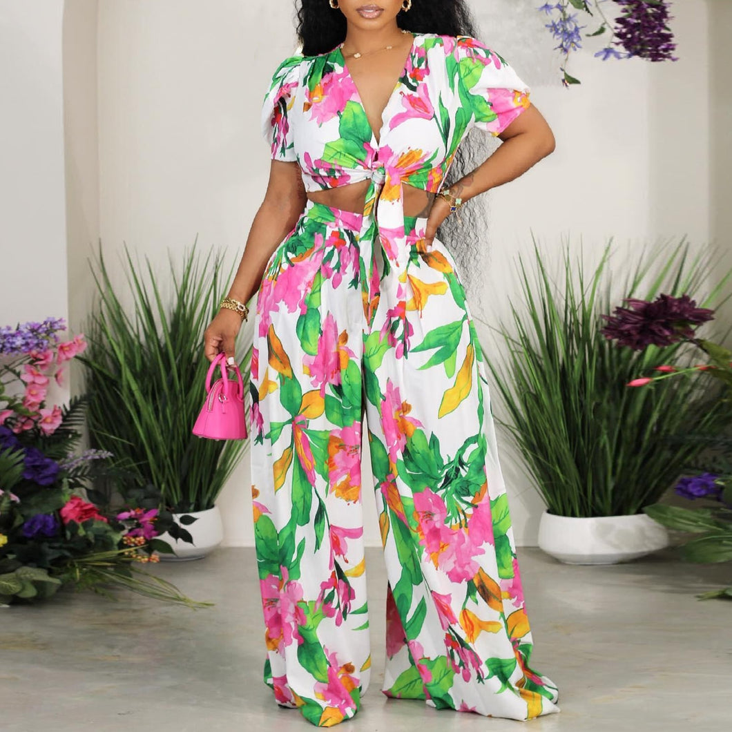 2 Piece Floral Trouser and V-neck Top Set