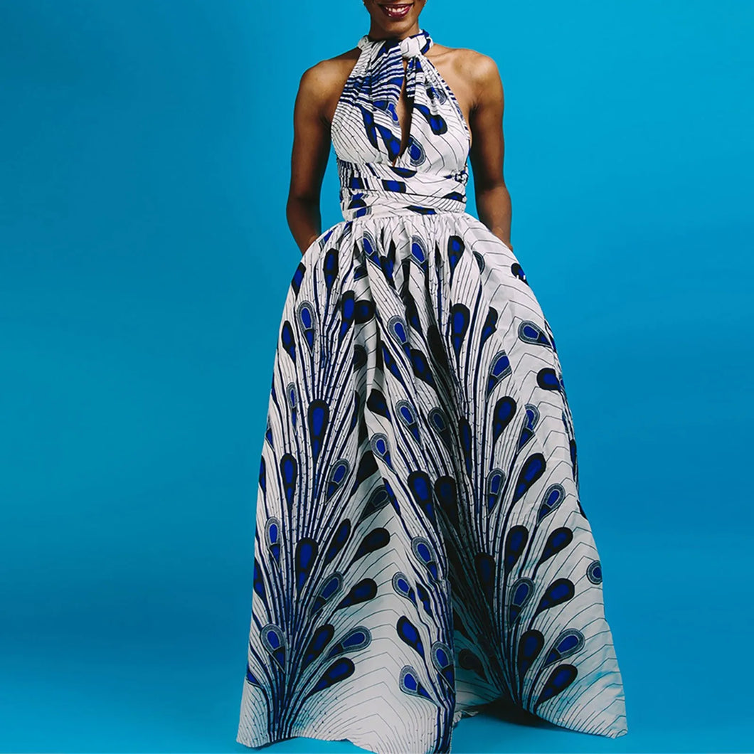 Versatile African Print Dress - White and Blue - Available in UK Sizes 8 - 16