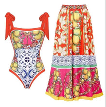 Load image into Gallery viewer, Two Piece Swimming Costume and Sarong Set - Gold and Black
