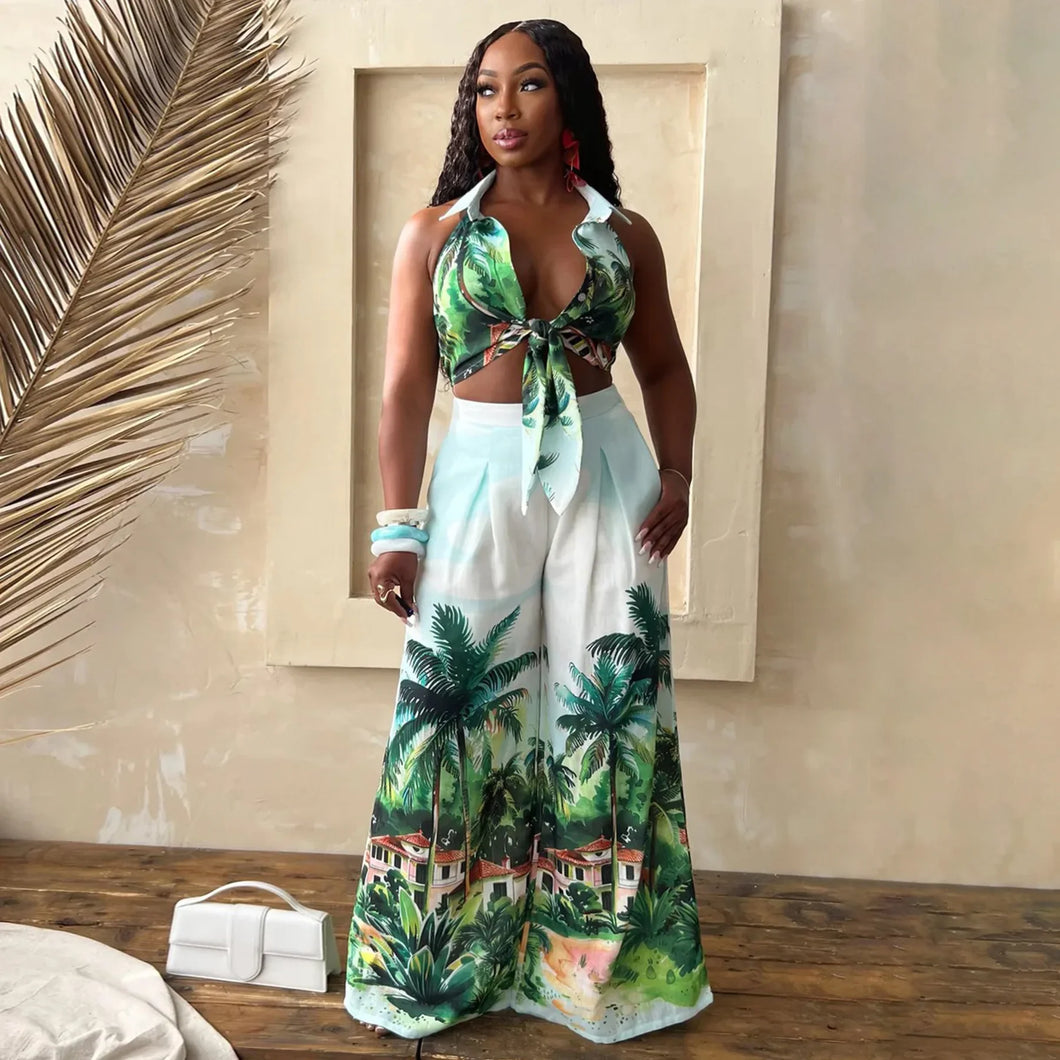 Two Piece Tropical Trouser and Sleeveless Top Set - Available in Two Colours in Sizes S - 2XL