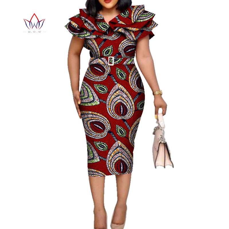 African Print Ruffled Collar Midi Dress - Various Colours Available - Sizes UK 8 - 24