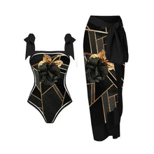 Load image into Gallery viewer, Two Piece Swimming Costume and Sarong Set - Gold and Black
