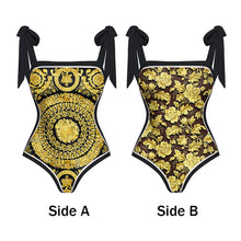 Load image into Gallery viewer, Two Piece Swimming Costume and Sarong Set - Gold and Black
