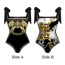 Load image into Gallery viewer, Two Piece Swimming Costume and Sarong Set - Black with White and Gold
