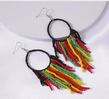 Load image into Gallery viewer, Red, Gold and Green Beaded Drop Earrings
