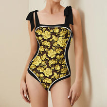 Load image into Gallery viewer, Two Piece Swimming Costume and Sarong Set - Gold and Black
