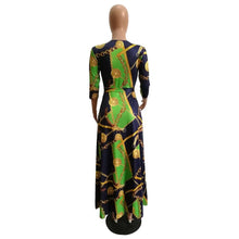 Load image into Gallery viewer, Green and Gold V-neck Full Length Maxi Dress with Belt - Available in Sizes S -3XL
