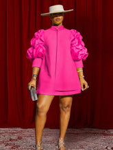 Load image into Gallery viewer, High Neck Mini Dress with Puff Sleeves - Available in Pink, Yellow or Purple in UK Sizes 10-26
