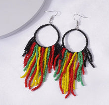 Load image into Gallery viewer, Red, Gold and Green Beaded Drop Earrings
