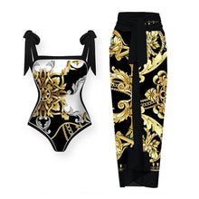 Load image into Gallery viewer, Two Piece Swimming Costume and Sarong Set - Gold and Black
