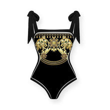 Load image into Gallery viewer, Two Piece Swimming Costume and Sarong Set - Gold and Black
