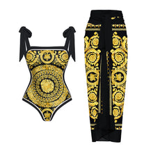 Load image into Gallery viewer, Two Piece Swimming Costume and Sarong Set - Gold and Black
