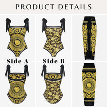 Load image into Gallery viewer, Two Piece Swimming Costume and Sarong Set - Gold and Black
