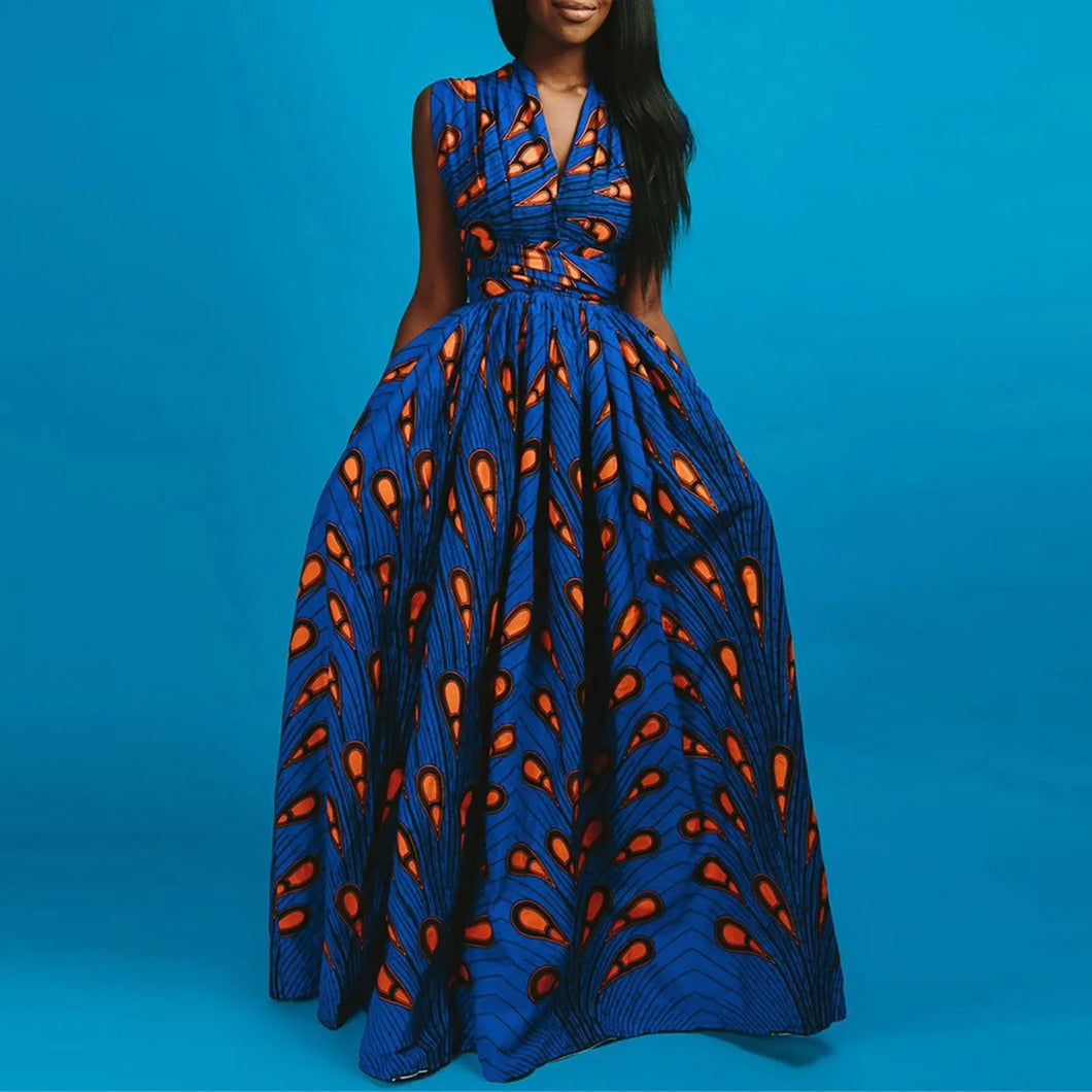 Versatile African Print Dress - Blue Paisley - Available in UK Sizes 8 - 16