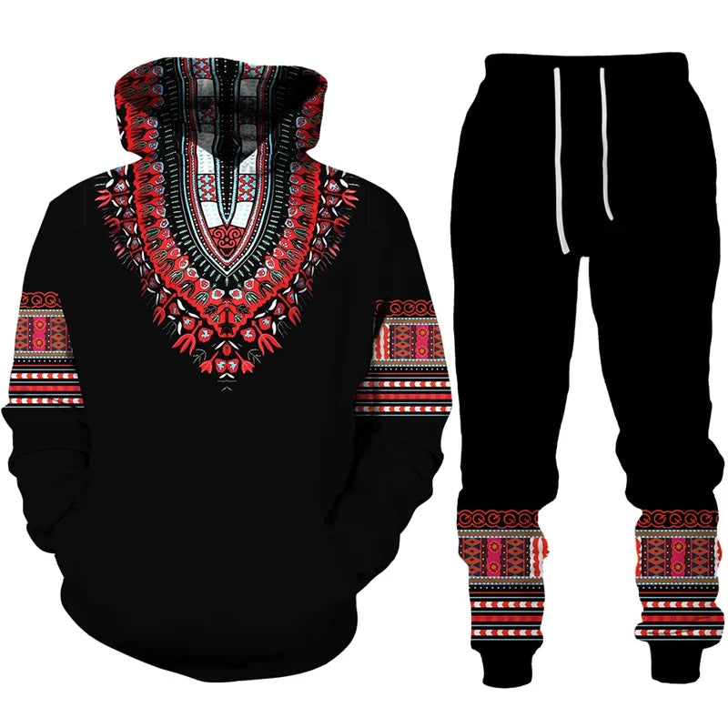Black and Red - Unisex Dashiki Print Tracksuit - Available in Adult Sizes S - 5XL