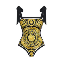 Load image into Gallery viewer, Two Piece Swimming Costume and Sarong Set - Gold and Black
