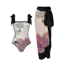 Load image into Gallery viewer, Two Piece Swimming Costume and Sarong Set - Black with White and Gold
