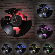 Load image into Gallery viewer, African Elephant and Giraffe Record Wall Clock A - Available With or Without LED Light
