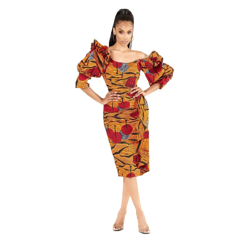 African Print Puff Sleeve Off Shoulder Dress